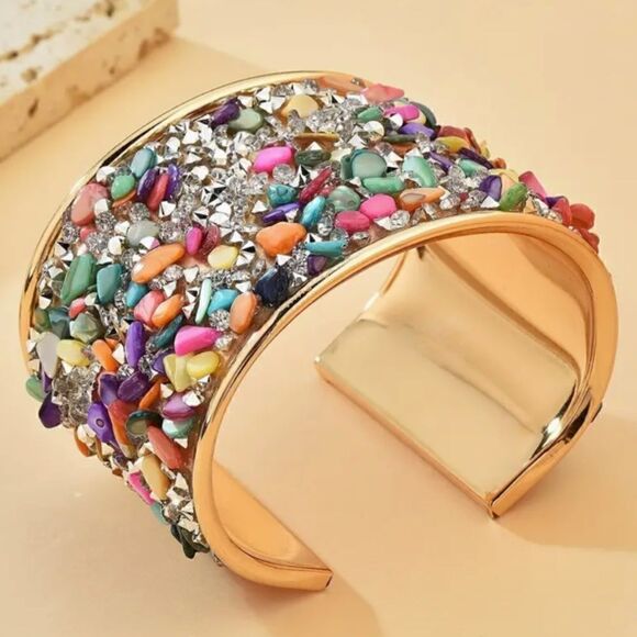 NEW! Pretty Colorful Shell Glass 14K Gold Plated Iron Bangle Bracelet Boho - Picture 1 of 4